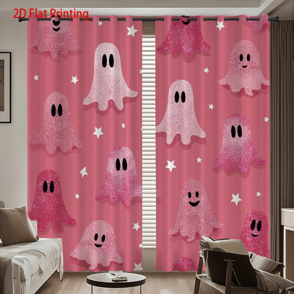 2pcs Halloween Curtains - Pink Ghosts & White Stars Print, Semi-Transparent Flannel Fabric, Grommet Top Design for Living Room, Bedroom, Kitchen, or Patio Decor, 180-200g, Halloween Decorations
