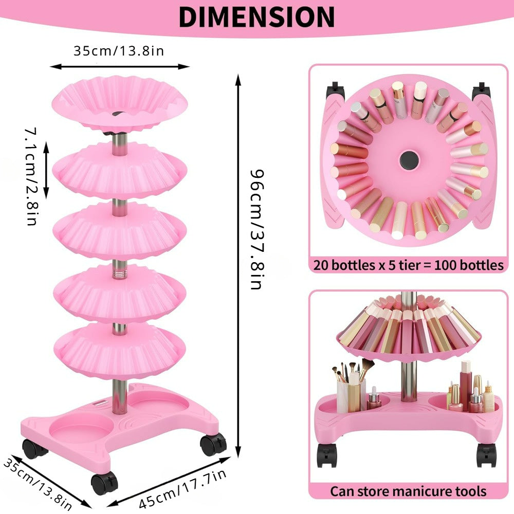 Nail Polish Trolley Display Organizer, Nail Polish Storage Racks, 5 Tiers Pink Nail Polish Display Rack, Cosmetic Display Case Lipstick Shelf, Oil Organizer Rack, Polish Racks Stand for Nail Salon