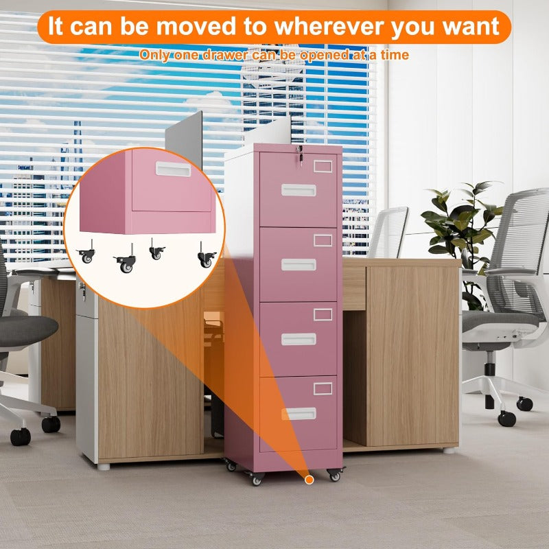 Aobabo 4-Drawer Mobile File Cabinet with Lock Rolling Metal Storage for Legal Letter A4 Pink Sturdy Durable Ample Space Secure Lock Easy Mobility Stylish Suitable for home offices corporate offices study rooms