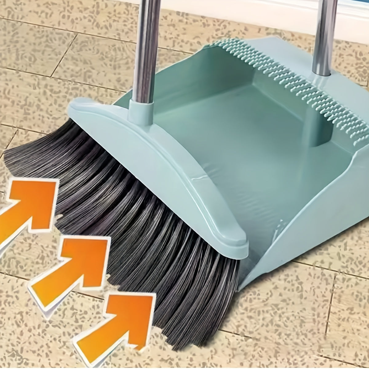 A Set of a Broom And Dustpan That Is Thick, Can Rotate, Is Lightweight, Strong, And Long-Lasting, Featuring a Soft Plastic Broom.