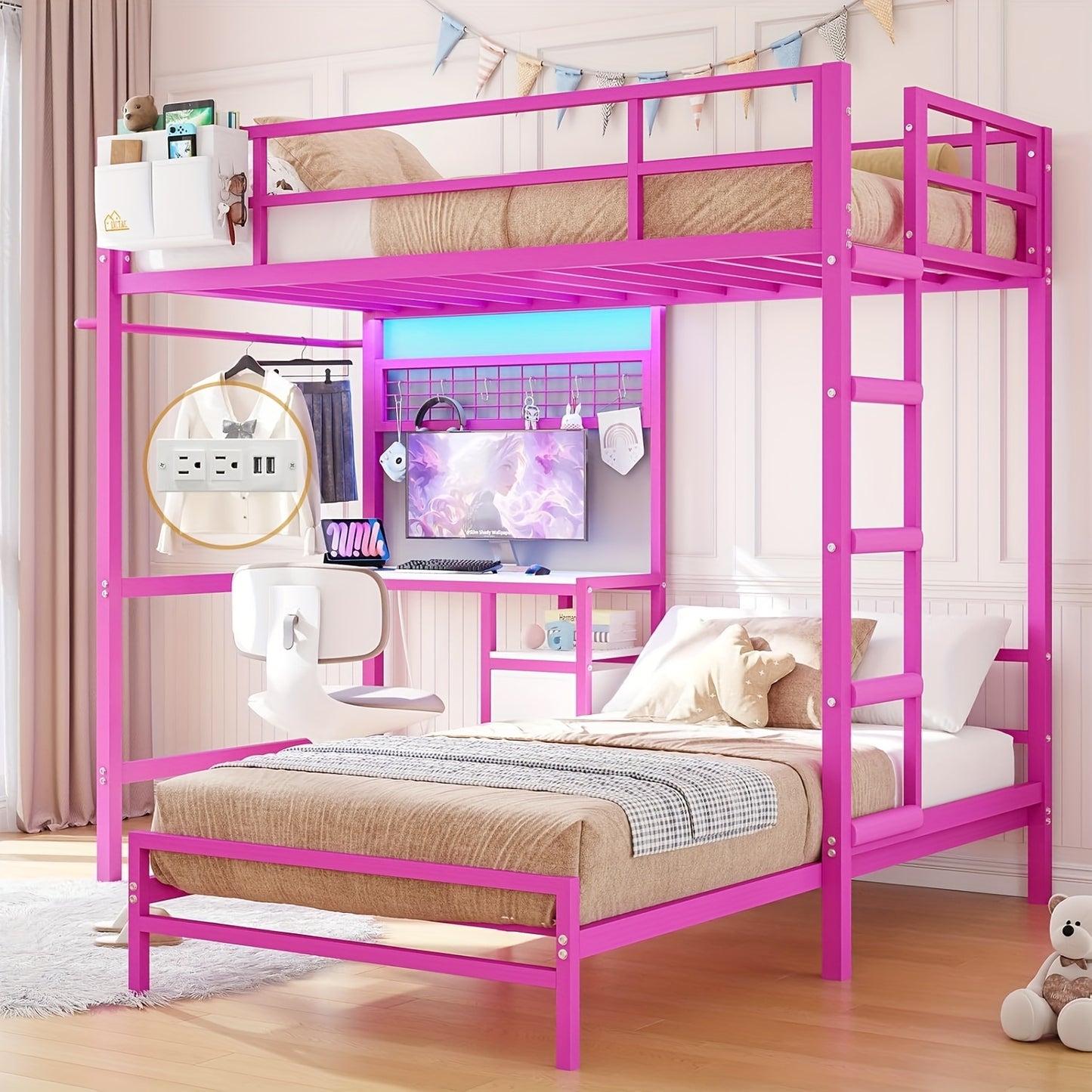 "Twin Size Bunk Bed with Desk, Drawers, Charging Station, LED Lights - Pink Loft Bed with Storage Shelves, Full-Length Guardrail, Ladder - Ideal for Bedroom