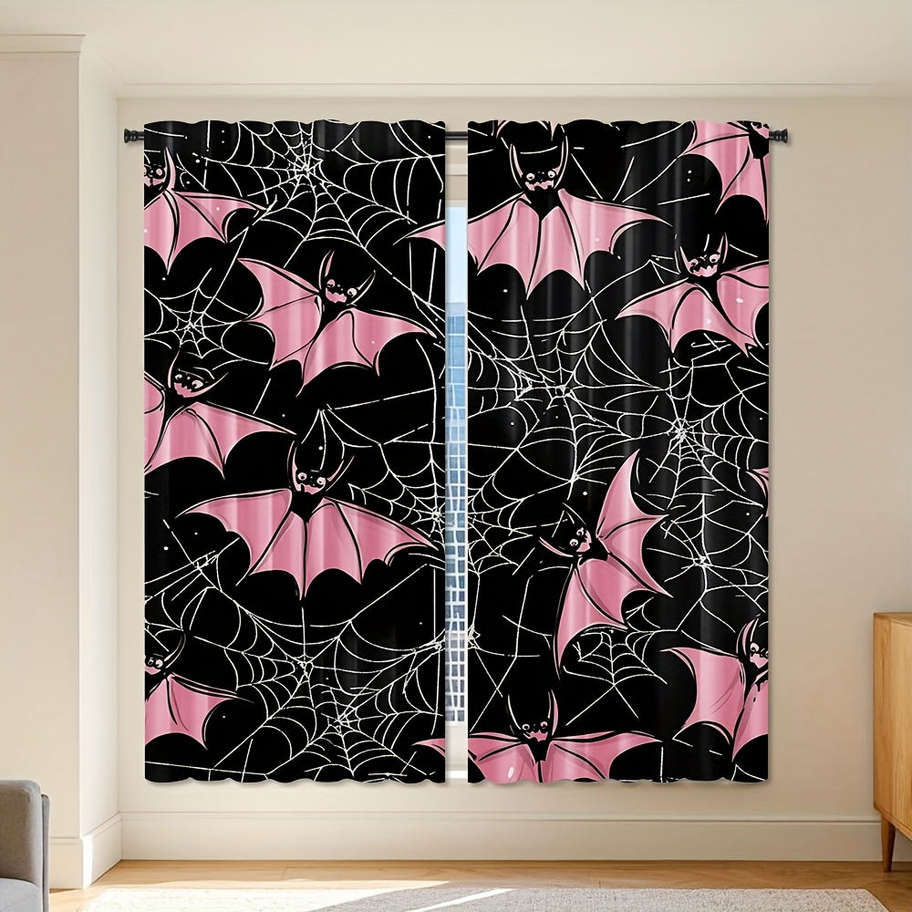 2pcs, Pink Bat on Black and White Spider Web Backdrop Curtain, Gothic Room Decor with Curtain Accent