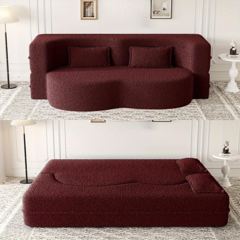 Modern Floor Sofa with 2 Pillows, Convertible Teddy Fabric Foam-Filled Sleeper Sofa Bed, 15" Full Size Folding Mattress for Living Room, Guest Bed, Playroom, no assembly required