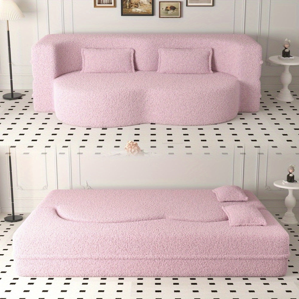 Modern Floor Sofa with 2 Pillows, Convertible Teddy Fabric Foam-Filled Sleeper Sofa Bed, 15" Full Size Folding Mattress for Living Room, Guest Bed, Playroom, no assembly required