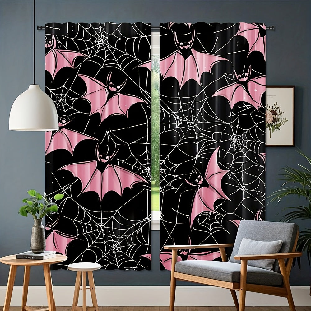 2pcs, Pink Bat on Black and White Spider Web Backdrop Curtain, Gothic Room Decor with Curtain Accent