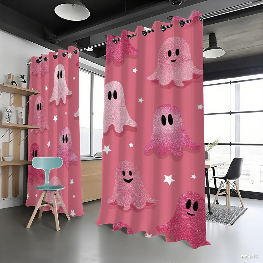 2pcs Halloween Curtains - Pink Ghosts & White Stars Print, Semi-Transparent Flannel Fabric, Grommet Top Design for Living Room, Bedroom, Kitchen, or Patio Decor, 180-200g, Halloween Decorations
