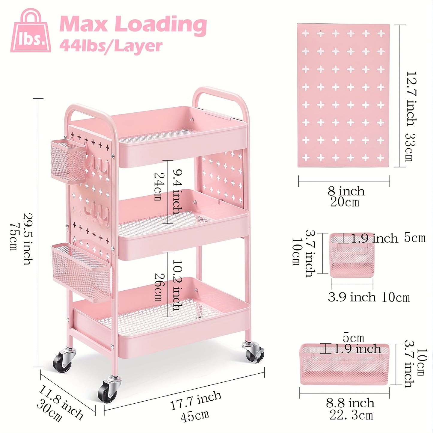 "3-Layer Metal Hole Board Rolling Cart with Side Storage Belt Locking Wheel - Practical Kitchen Organizer for Offices, Homes, Bedrooms