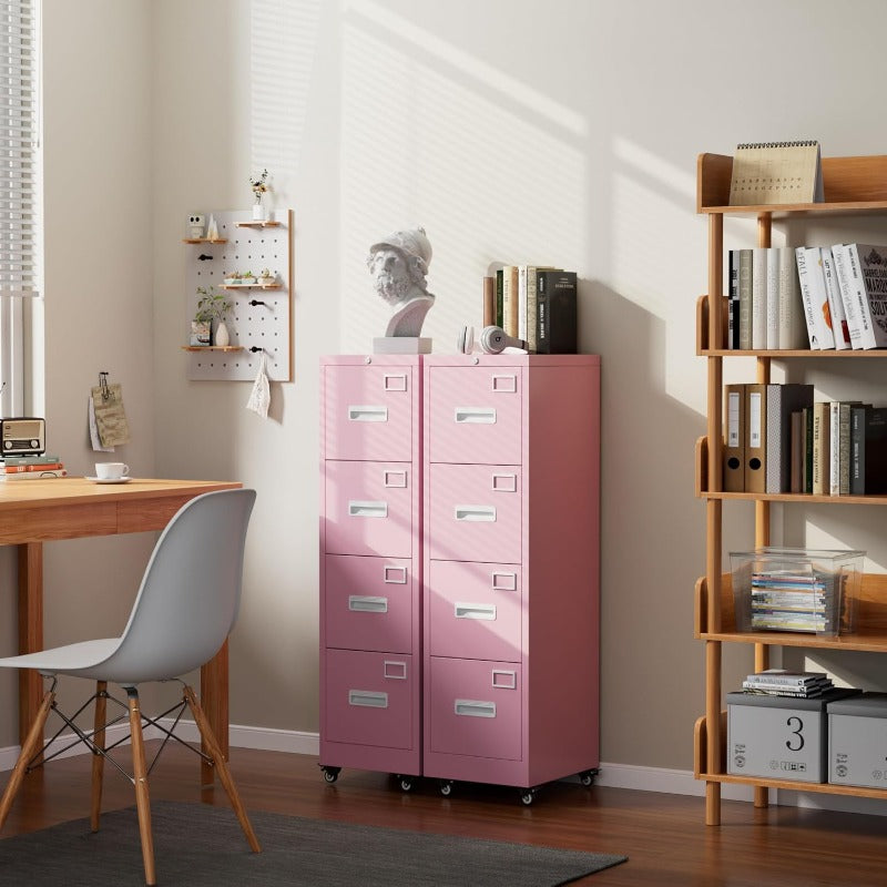 Aobabo 4-Drawer Mobile File Cabinet with Lock Rolling Metal Storage for Legal Letter A4 Pink Sturdy Durable Ample Space Secure Lock Easy Mobility Stylish Suitable for home offices corporate offices study rooms