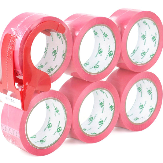 "BOMEI PACK Heavy-Duty Pink Carton Sealing Tape with Dispenser - 6 Rolls, 1.88"" x 50Yd - Waterproof PP Packing Tape for Moving, Shipping, Office, School & Factory Packaging - For Home, Office & Industrial Use - Ideal Gift for Movers & Packers"
