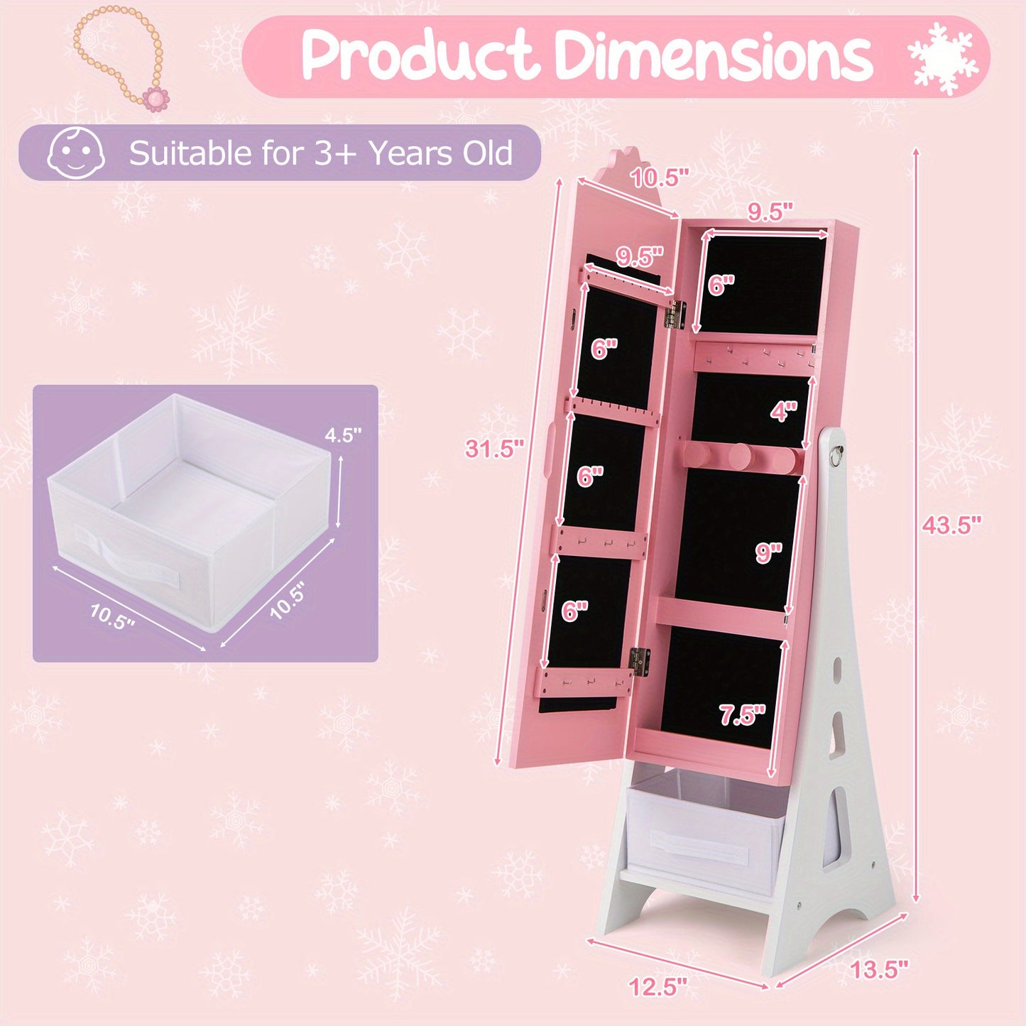 MAXMASS Kids Jewelry Cabinet with Full-Length Mirror - Adjustable Tilt (94°/90°), Foldable Drawer & Wall-Safe Anti-Tip Design - Princess Organizer with 18 Earring Slots, 64 Ring Holders, 3 Bracelet Rods for Bedroom & Playroom - Pink & White Hardwood Armo