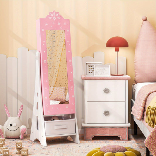 MAXMASS Kids Jewelry Cabinet with Full-Length Mirror - Adjustable Tilt (94°/90°), Foldable Drawer & Wall-Safe Anti-Tip Design - Princess Organizer with 18 Earring Slots, 64 Ring Holders, 3 Bracelet Rods for Bedroom & Playroom - Pink & White Hardwood Armo