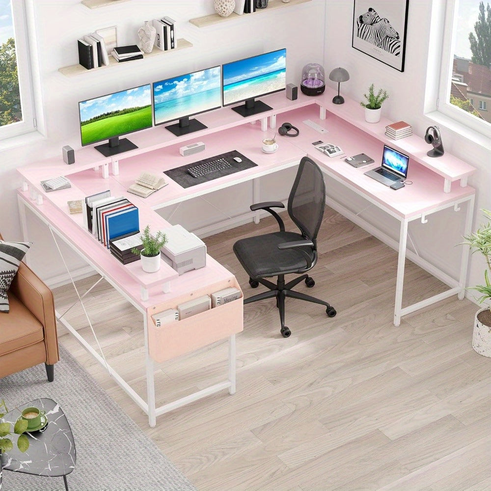 U Shaped Desk, 126 Inch Gaming Desk with Monitor Stand and LED Lights, Reversible Shaped Large Computer Desk with Power Outlets, Large Corner Office Desk with Storage Bag and Hooks