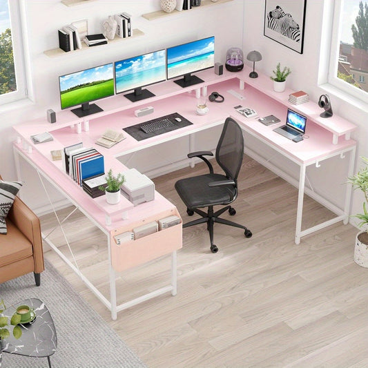 U Shaped Desk, 126 Inch Gaming Desk with Monitor Stand and LED Lights, Reversible Shaped Large Computer Desk with Power Outlets, Large Corner Office Desk with Storage Bag and Hooks