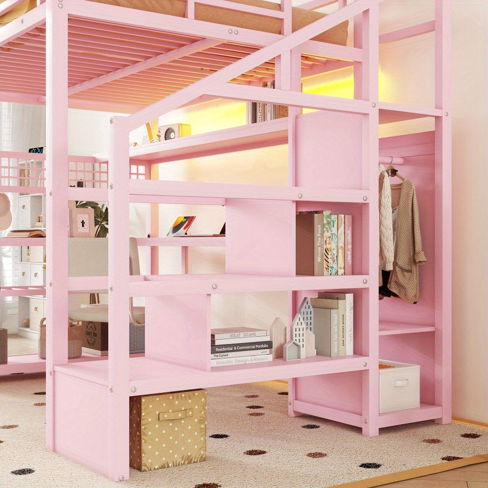 Full Size Loft Bed with Staircase and Wardrobe, Metal Loft Bed with Desk, Storage Shelves, LED Lights and Charge Station, Pink