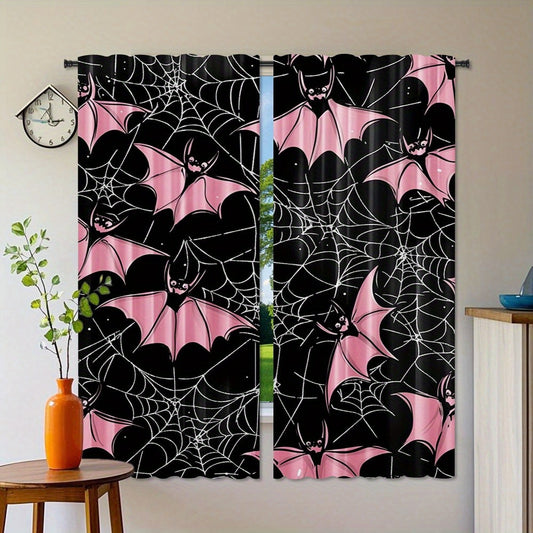 2pcs, Pink Bat on Black and White Spider Web Backdrop Curtain, Gothic Room Decor with Curtain Accent
