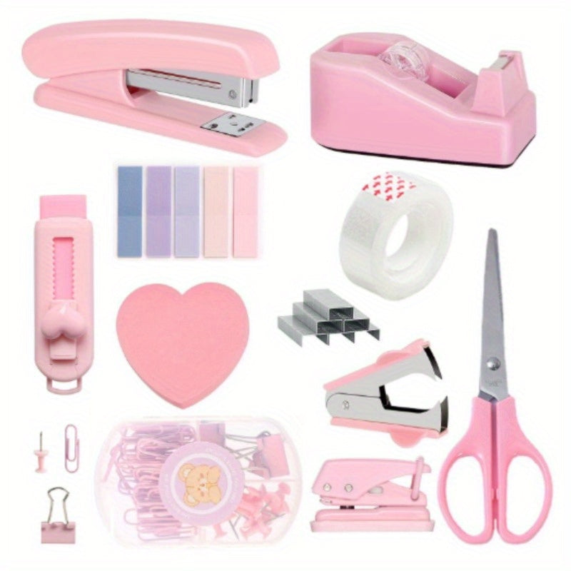 Office Stationery Gift Set, Macaron Color Stapler Set, Office Desk Supplies - Stapler, Scissors, Tape, Staples, Pins, Pushpins, Sticky Notes, Etc, Essential Kit for Daily Use