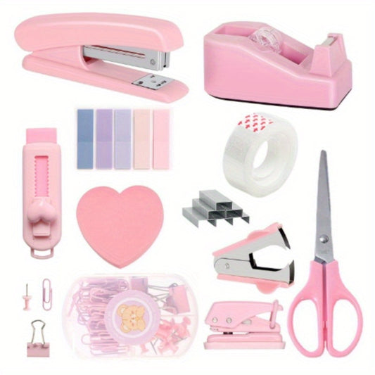 Office Stationery Gift Set, Macaron Color Stapler Set, Office Desk Supplies - Stapler, Scissors, Tape, Staples, Pins, Pushpins, Sticky Notes, Etc, Essential Kit for Daily Use