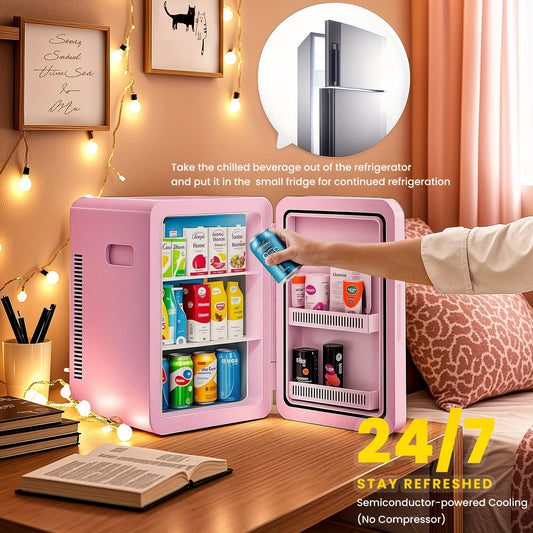 ADVWIN 5.81gal/30-Can Mini Fridge for Bedroom, Car, Office Desk & College Dorm - Portable Cooler & Warmer for Food, Drinks, Skincare - Small Refrigerator with Glass Front, AC/DC
