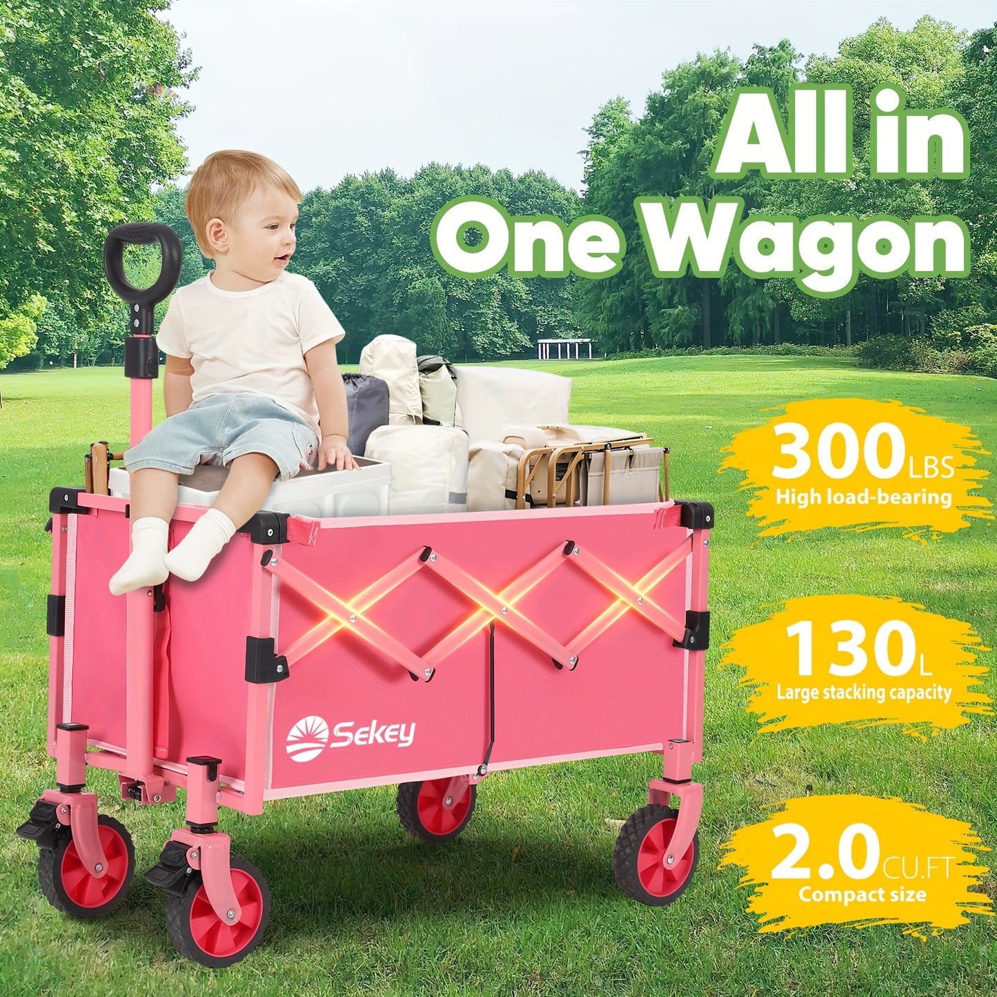 Sekey 330LBS Collapsible Wagon, Heavy Duty 34.34gal Large Capacity, Foldable Wagon, Beach Cart Large Capacity, Heavy Duty Folding Wagon Portable, Cart with All-Terrain Wheels Lightweight Folding Wagon for Grocery, Shopping, Beach, Camping, Sports Pink