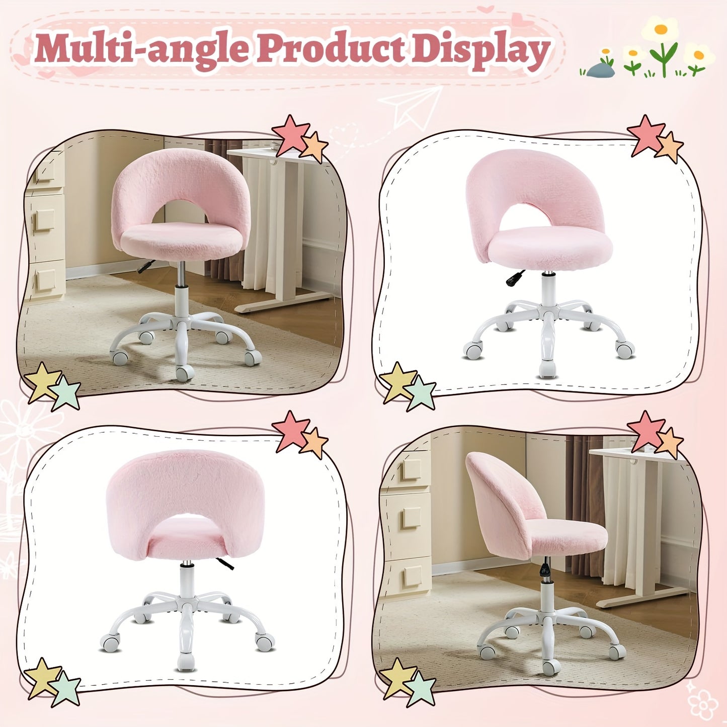 Bonnlo Cute Vanity Chair With Wheels, Comfy Armless Office Chair, Adjustable Height And 360° Swivel Rolling Wheels Desk Chairs For Study Make Up Room