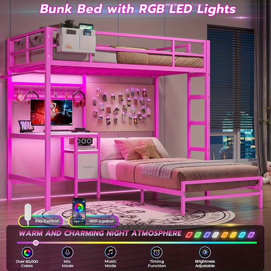"Twin Size Bunk Bed with Desk, Drawers, Charging Station, LED Lights - Pink Loft Bed with Storage Shelves, Full-Length Guardrail, Ladder - Ideal for Bedroom