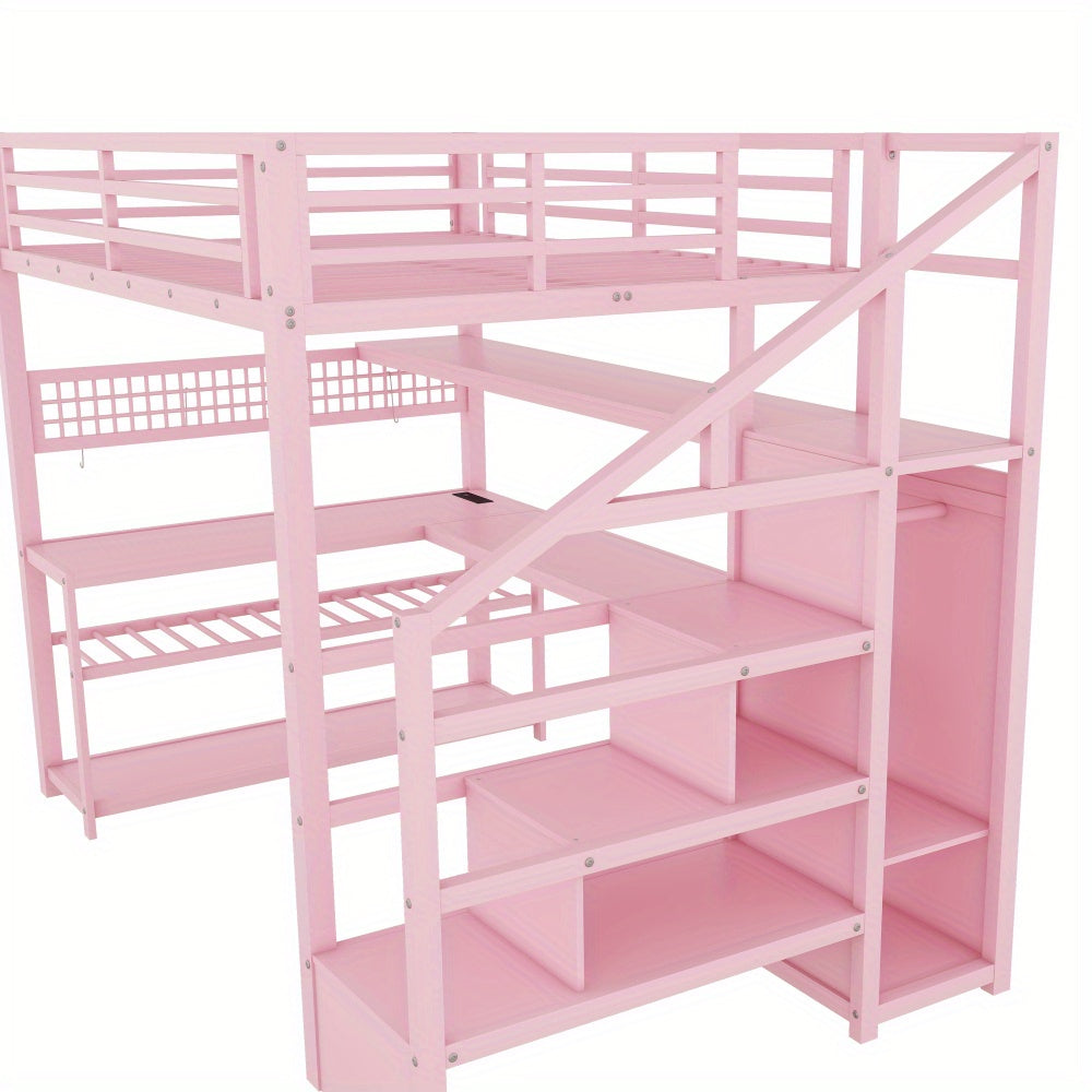 Full Size Loft Bed with Staircase and Wardrobe, Metal Loft Bed with Desk, Storage Shelves, LED Lights and Charge Station, Pink