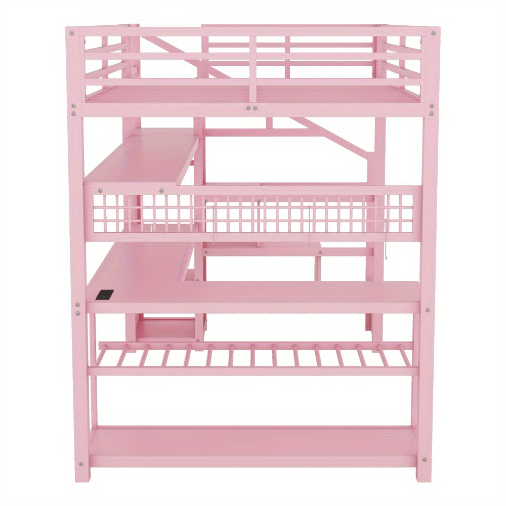 Full Size Loft Bed with Staircase and Wardrobe, Metal Loft Bed with Desk, Storage Shelves, LED Lights and Charge Station, Pink