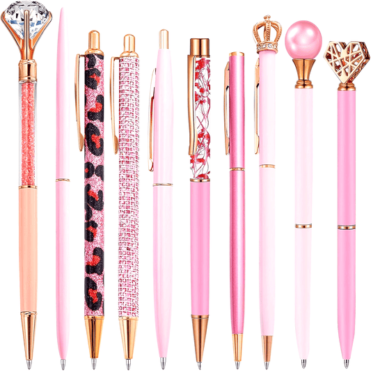 10pcs pink ballpoint pen set with black ink refill, retractable ballpoint pen, diverse styles, DIY creative gift ballpoint pen