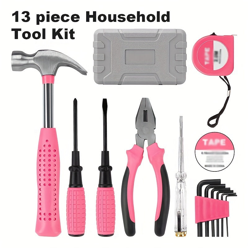 13-in-1 Pink Lady Essential Kit - Home DIY Kit with Storage Box for Women, Homes, Garages, Offices, College Dorms - Perfect for Beginners And DIY Enthusiasts, Ladies Only Repair Kit