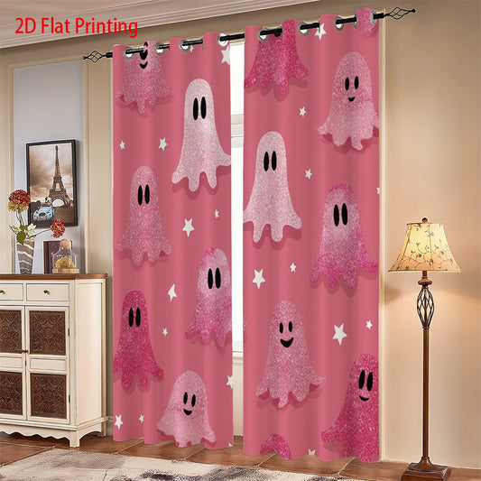 2pcs Halloween Curtains - Pink Ghosts & White Stars Print, Semi-Transparent Flannel Fabric, Grommet Top Design for Living Room, Bedroom, Kitchen, or Patio Decor, 180-200g, Halloween Decorations