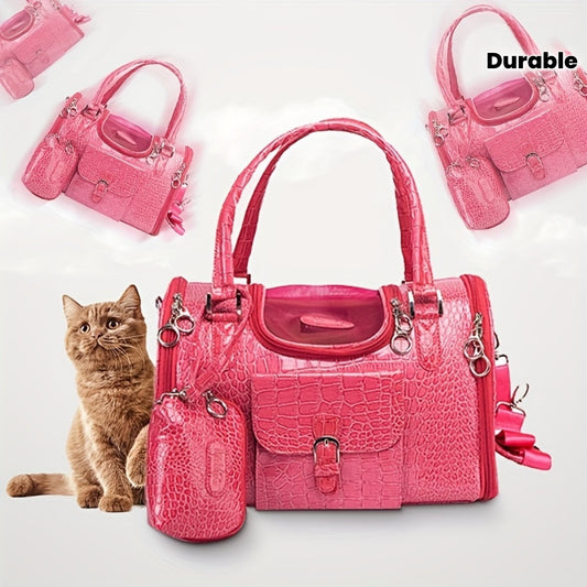 "Luxury Pink Crocodile-Embossed PET Carrier Bag - Durable PVC, Zip Closure, with Detachable Shoulder Strap & Accessory Pockets - Ideal for Cats, Small Dogs & Rabbits On-the-Go