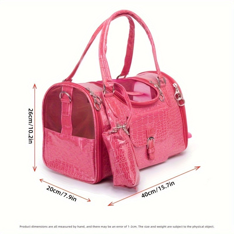 "Luxury Pink Crocodile-Embossed PET Carrier Bag - Durable PVC, Zip Closure, with Detachable Shoulder Strap & Accessory Pockets - Ideal for Cats, Small Dogs & Rabbits On-the-Go
