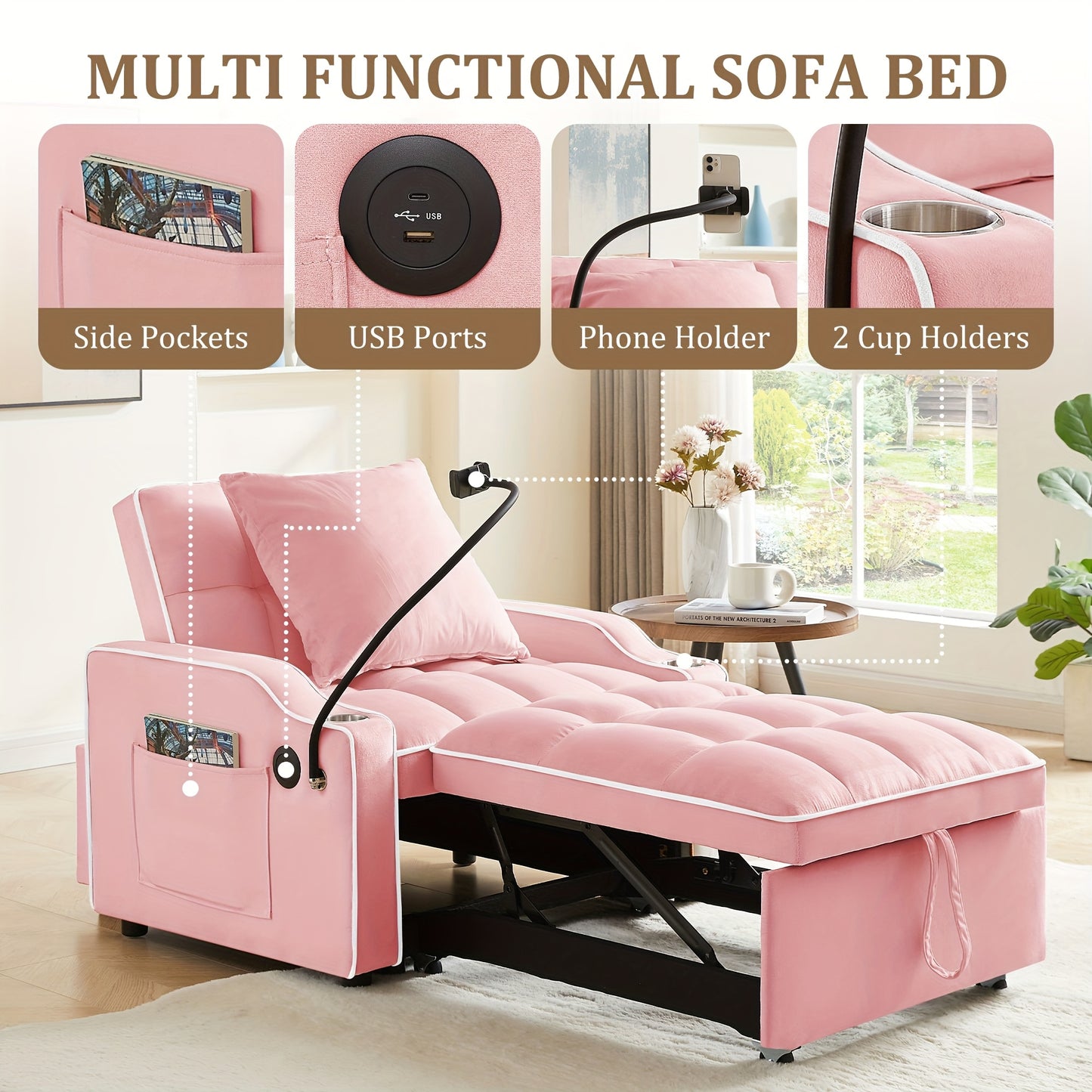 3-in-1 Single Sleeper Sofa Chair With Cup Holders & Phone Holder, Convertible Pull Out Sofa Weight Capacity 450 Lbs With Adjustable Backrest, Modern Chaise Lounge Recliner With USB/Type-C Port For Living Room, Bedroom, Apartment, Small Spaces