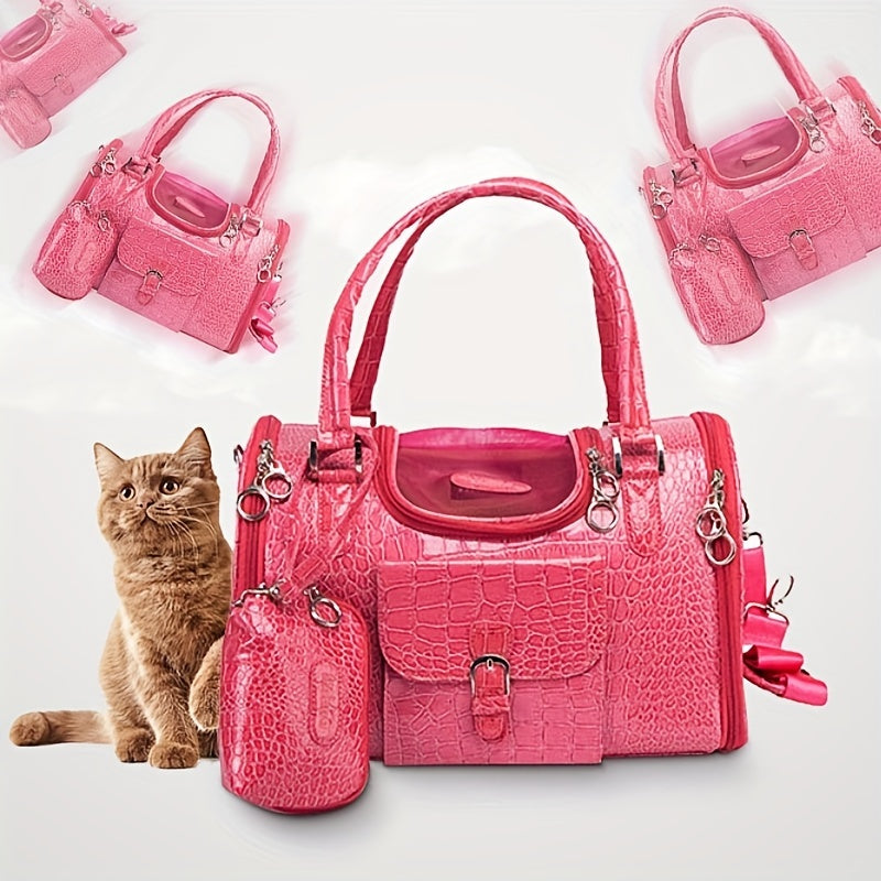"Luxury Pink Crocodile-Embossed PET Carrier Bag - Durable PVC, Zip Closure, with Detachable Shoulder Strap & Accessory Pockets - Ideal for Cats, Small Dogs & Rabbits On-the-Go