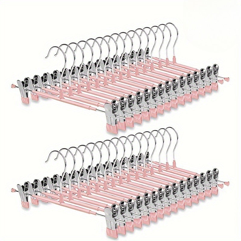 10pcs Pink 12-Inch Adjustable Clip Hangers for Pants, Skirts, Jeans & Youngsters Clothes - Space-Saving Metal Hangers with Polished Finish, Durable Plastic-Coated Clips for Secure Hold, Clothing Organizatio