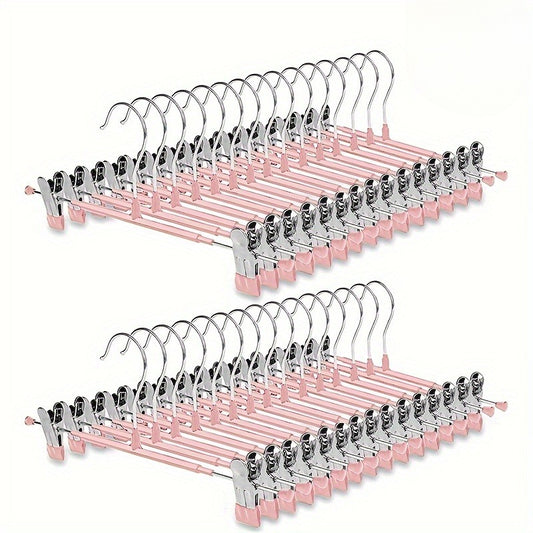 10pcs Pink 12-Inch Adjustable Clip Hangers for Pants, Skirts, Jeans & Youngsters Clothes - Space-Saving Metal Hangers with Polished Finish, Durable Plastic-Coated Clips for Secure Hold, Clothing Organizatio