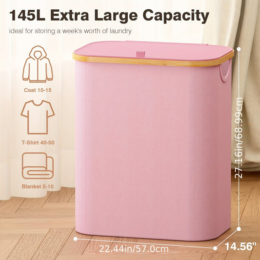 38.3gal Extra Large Pink Laundry Hamper with Lid - 3-Section Fabric Sorter with Removable Bags & Handles, Pre-Sorting Design for Easy Washing, Ideal for Bedroom, Bathroom, and Dorm Organization, Home Laundry Organizer | Practical Lid Design | Fabric Laun