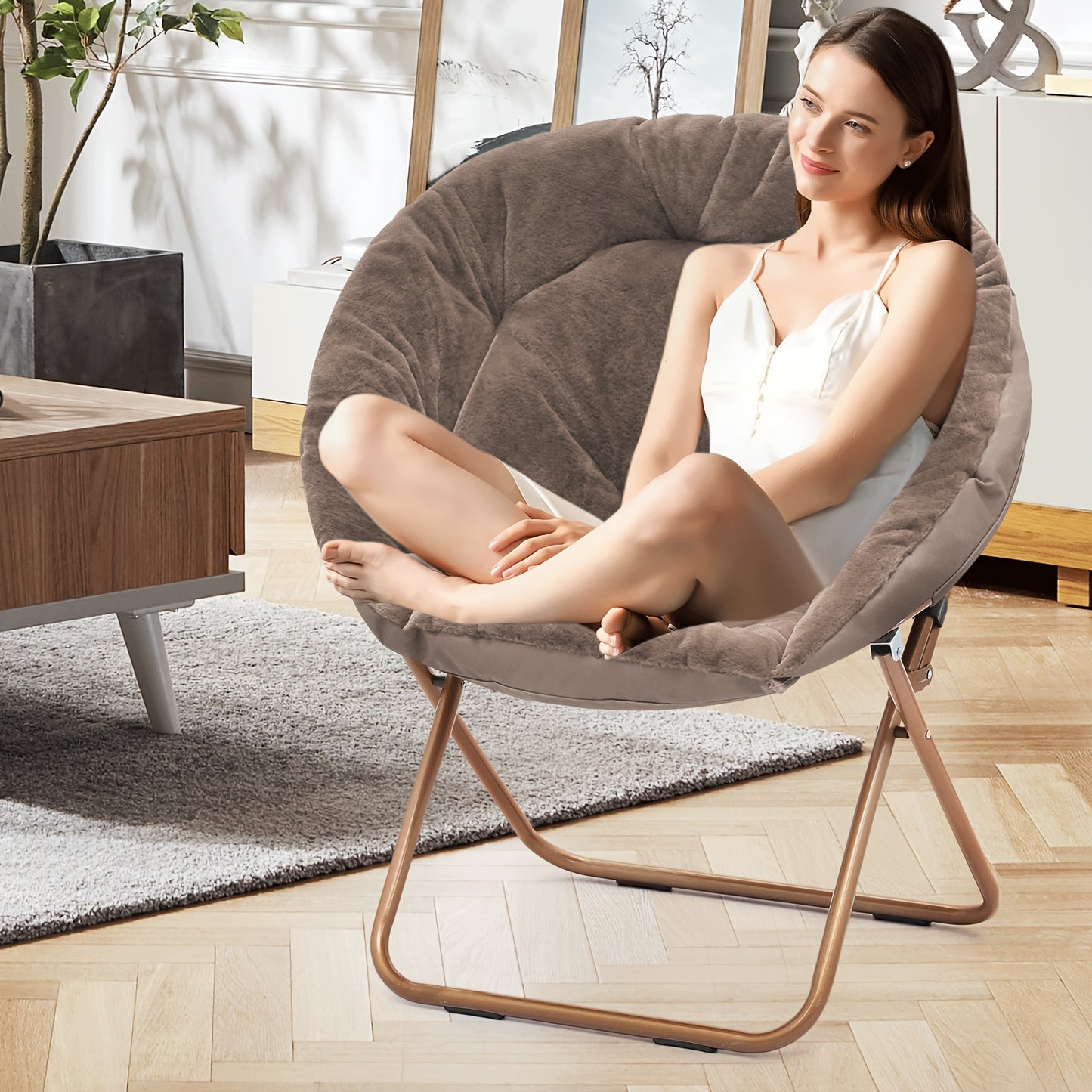 MoNiBloom Round Folding Faux Fur Saucer Chair- Foldable Metal Frame with Oversized Comfy Padded Moon Chair, 2pcs