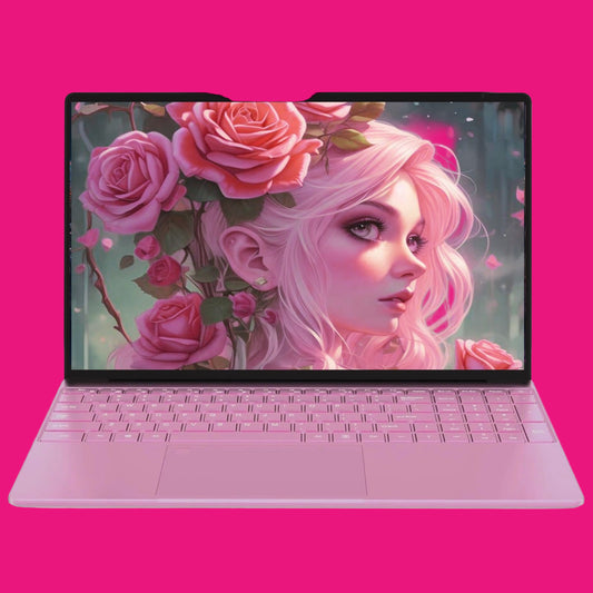 Pink laptop with a colorful display of a woman with pink hair and roses.