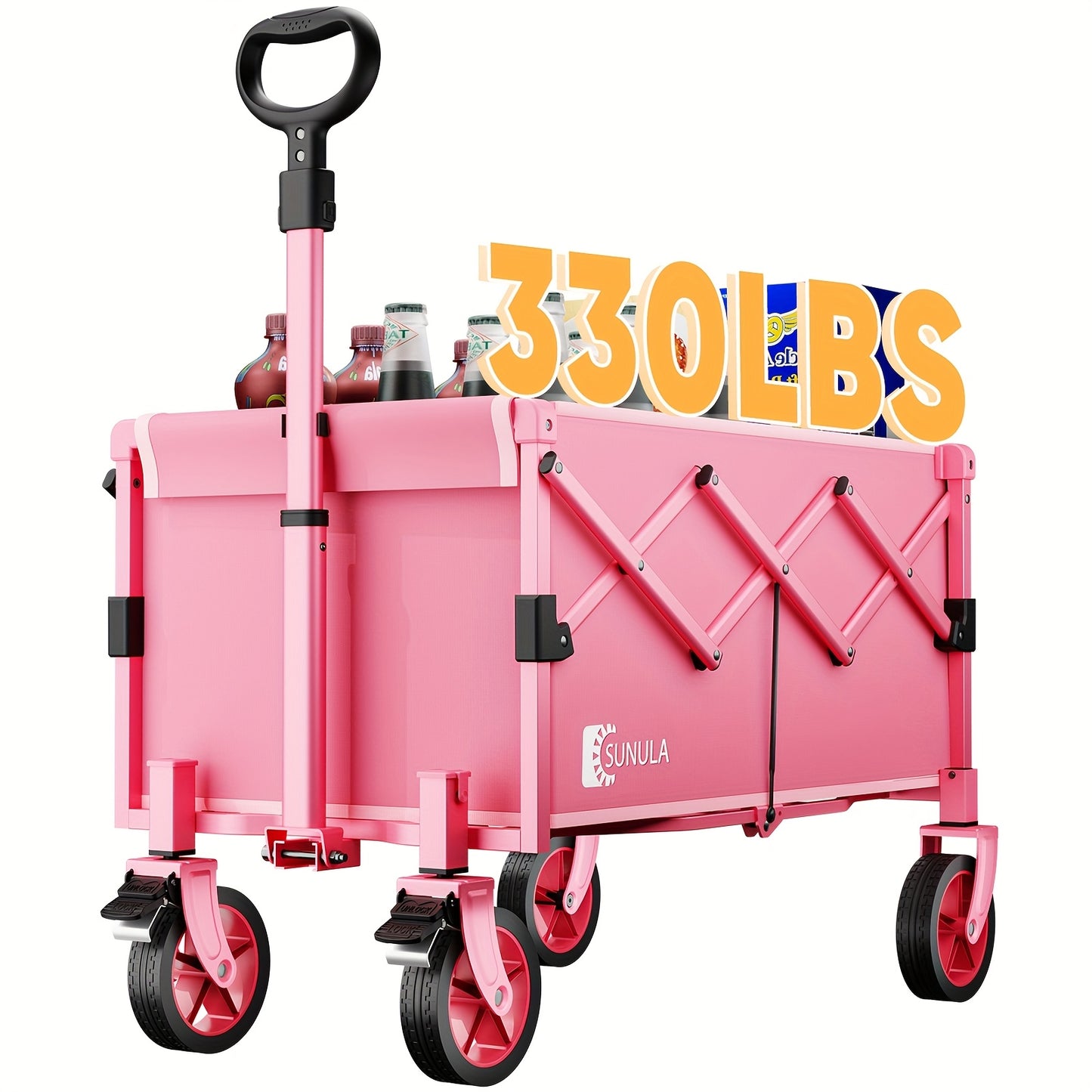 Sekey 330LBS Collapsible Wagon, Heavy Duty 34.34gal Large Capacity, Foldable Wagon, Beach Cart Large Capacity, Heavy Duty Folding Wagon Portable, Cart with All-Terrain Wheels Lightweight Folding Wagon for Grocery, Shopping, Beach, Camping, Sports Pink