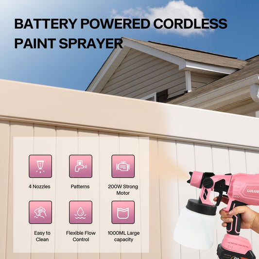 High Pressure Cordless Paint Sprayer With 2 Rechargeable Batteries, 33.81oz Container Electric Gun, 4 Copper Nozzles & 3 Spray Patterns, Handheld HVLP Spray Gun For Furniture, Cabinet, Wall, Fence, Car Repair
