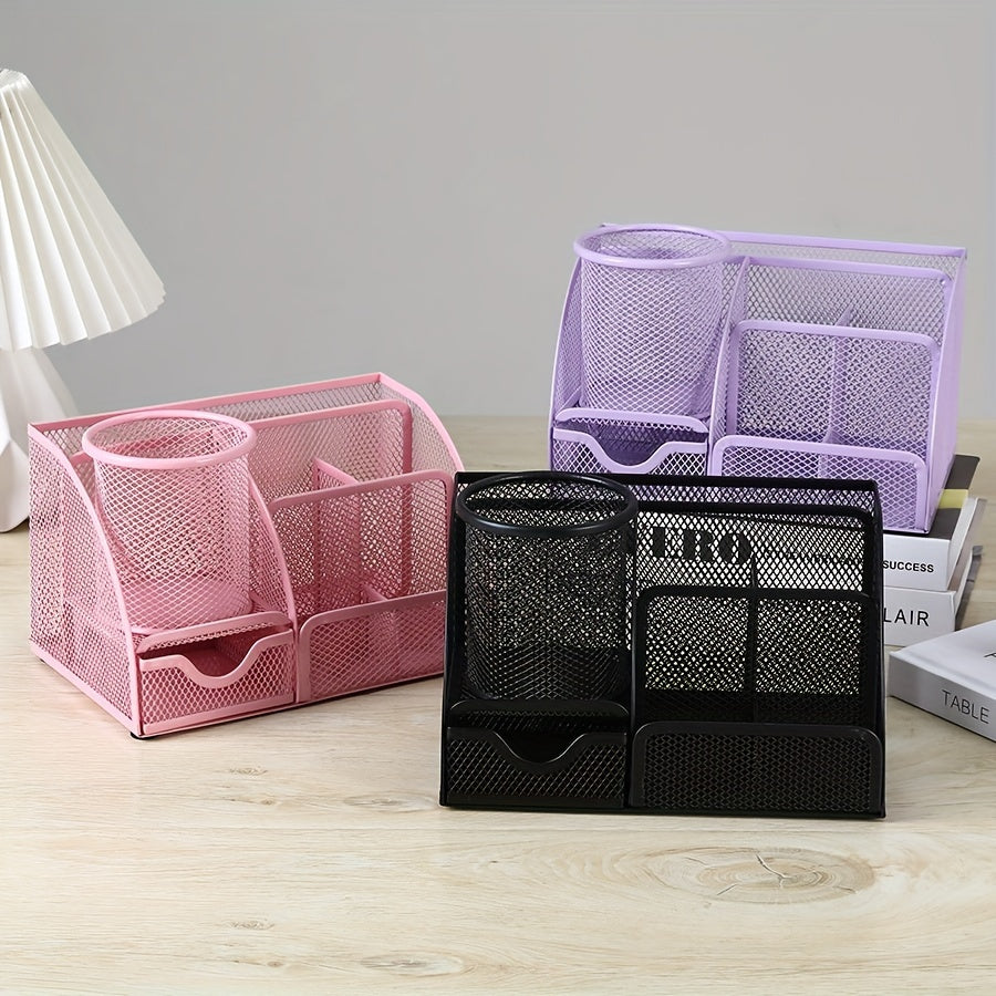 2pcs Mesh Desk Organizer Caddy with Sticky Note Holder – Expandable, Rustproof, and Moisture-Repellent Iron Design for Home, Office, and School Supplies (Black, Green, Pink, Purple)