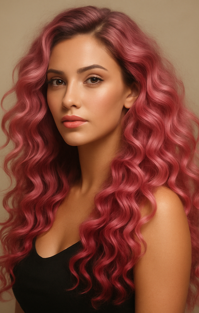 women with long curly beautiful pink hair